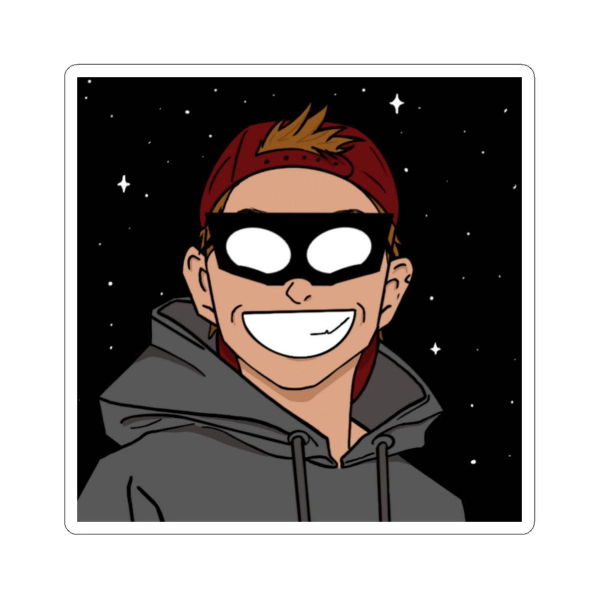 Masked Smiling Cartoon Teen Sticker | Kiss-Cut Sticker, Space Star Background | AstralSpiff